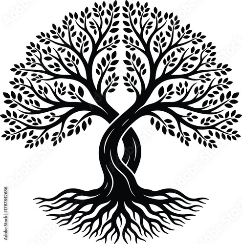 Tree of life, intertwined roots, symmetrical design, nature art, spiritual growth, unity symbol, botanical illustration, blue silhouette, elegant concept, harmony