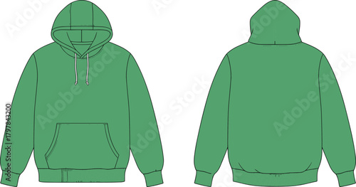 Solid Green Pullover Hoodie Technical Fashion Flat Sketch Vector Illustration with Kangaroo Pocket and Drawstrings, Front and Back View CAD Drawing.