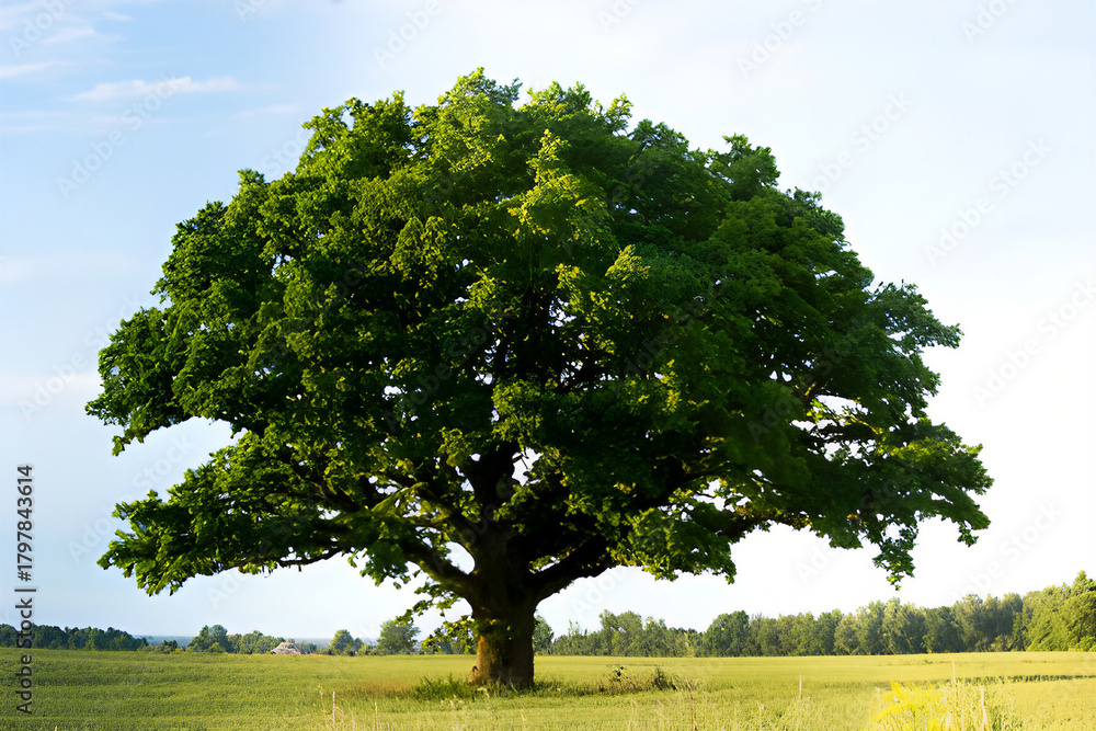 Obraz premium Majestic Green Oak Tree Stands Alone in Sunny Field