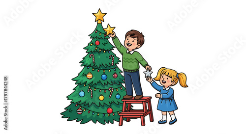 A boy stands on a stool placing a star on top of a Christmas tree while a girl holds another star.