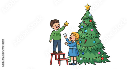 Two children, a boy on a stool and a girl, decorate a Christmas tree with star ornaments and colorful baubles.