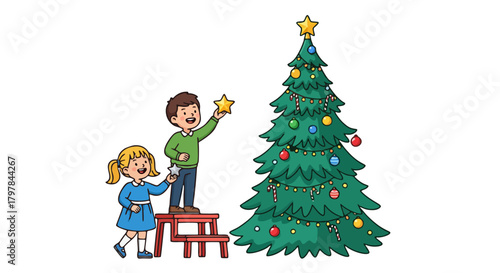Two children decorating a Christmas tree with ornaments and a star, celebrating the holiday season.
