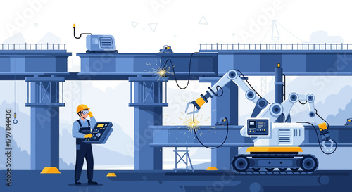 Futuristic construction site displaying advanced robotics and human oversight synergy