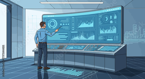 Futuristic control room operator monitoring data insights on a large digital interface for