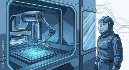 Futuristic electronics manufacturing scene with robotic arm and technician overseeing process