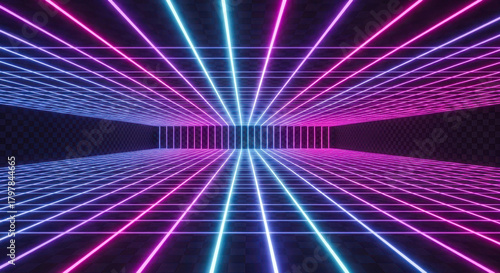 Fototapeta Naklejka Na Ścianę i Meble -  Abstract cyberspace neon grid background glows with vivid light