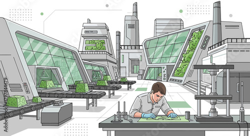Futuristic factory with sustainable green production and engineer analyzing plans for advanced