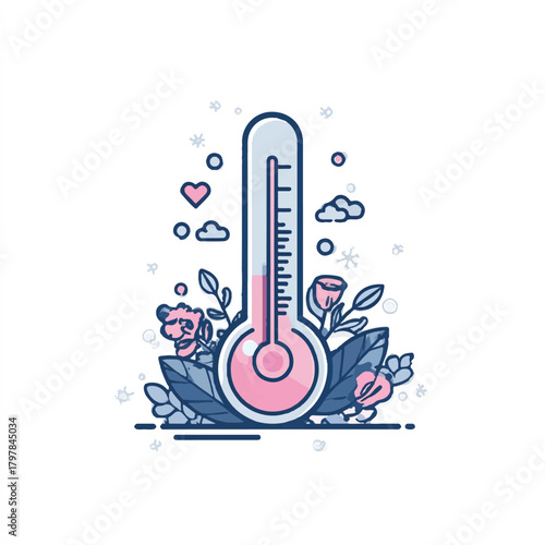 Artistic Thermometer Illustration with Flowers and Weather Elements Design for Climate Change Awareness and Health Concept in Delicate Pink and Blue Tones