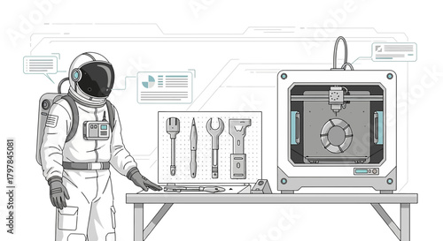 Futuristic illustration depicts astronaut operating a 3D printer in a space environment