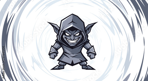 A menacing goblin with sharp teeth and glowing eyes emerges from a swirling vortex in this pixel art illustration.
