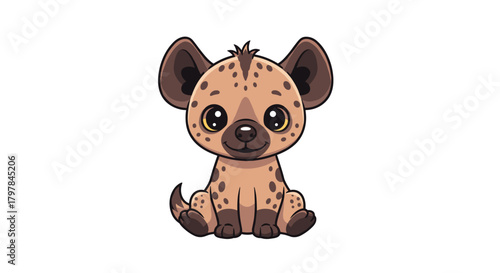 A cute cartoon hyena cub with big ears and spots sits patiently.