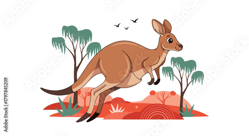 A lively kangaroo hops through the australian outback.