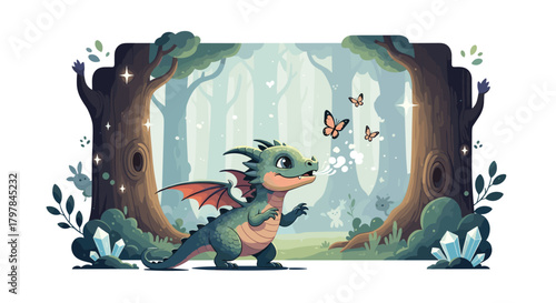 A friendly pixel art dragon explores a whimsical enchanted forest with fluttering butterflies.