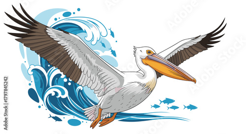A majestic pelican soars through crashing waves with fish swimming below its wings.