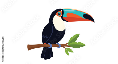A beautiful toucan perched on a tree branch in the jungle displaying its vibrant beak.