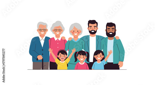 A diverse multigenerational family portrait with smiling faces and arms raised in joy and celebration.