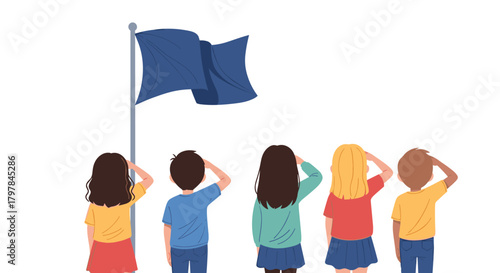 A group of diverse children saluting a waving blue flag on a flagpole.