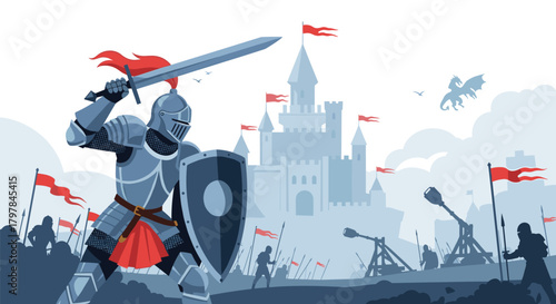 A pixel art depiction of a knight preparing to strike in front of a medieval castle during a battle.
