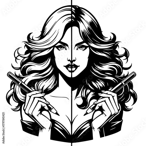 Beauty's Dual Facets: This striking image unveils a woman in monochrome, her appearance gracefully split to showcase opposing views of her beauty with art supplies in hands.