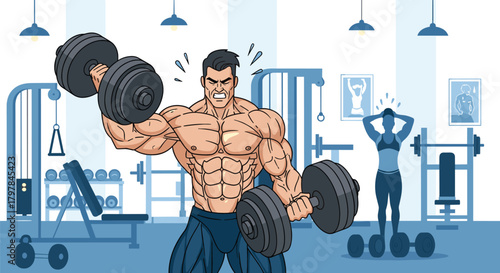A determined muscular man lifting heavy dumbbells with intense effort in a well-equipped gym setting.