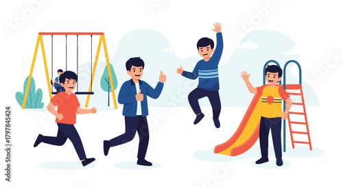 Children playing and enjoying a day at the playground with swings and slides.