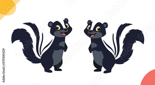 Two cute cartoon skunks waving hello in a playful illustration.