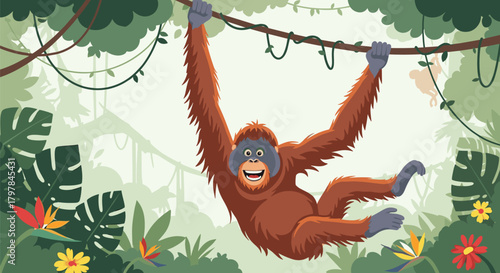 An orangutan swings through a lush green jungle canopy among tropical flowers.