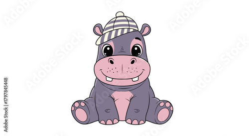 A cute baby hippopotamus wearing a striped beanie hat sitting down and smiling adorably.