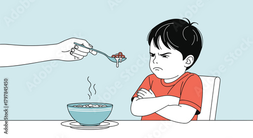 A child refuses to eat a bowl of food offered by a spoon.