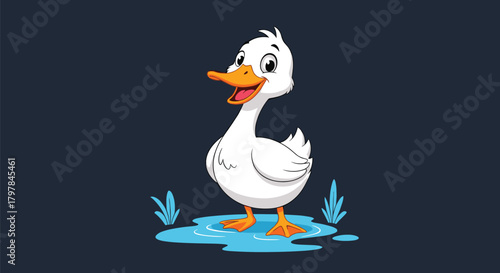 A cute cartoon duckling standing in a puddle with a happy expression on its face and some green grass around.