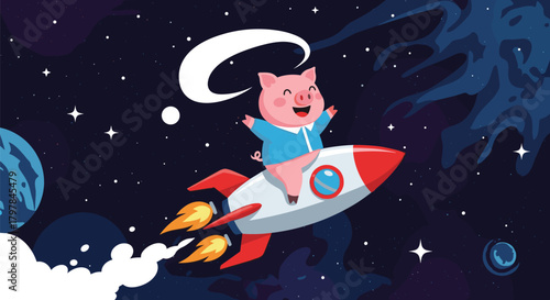 A happy pig flies through outer space on a rocket ship past planets and stars.