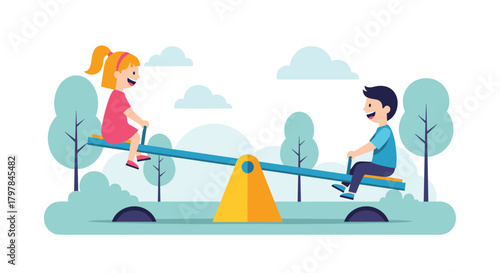 Two happy children enjoying a fun ride on a see-saw in a park on a bright day.