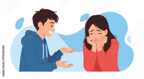 A young man apologizes to a distressed young woman who is crying and covering her face with her hands. 
