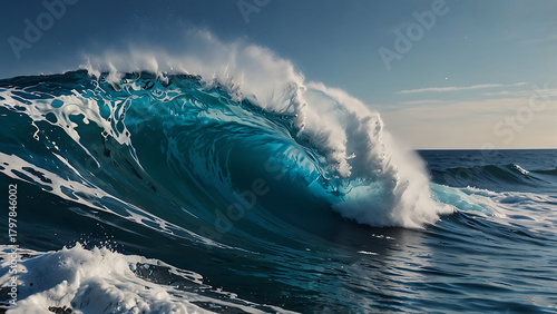 Fototapeta Naklejka Na Ścianę i Meble -  Powerful ocean wave crashing with sunlight and spray