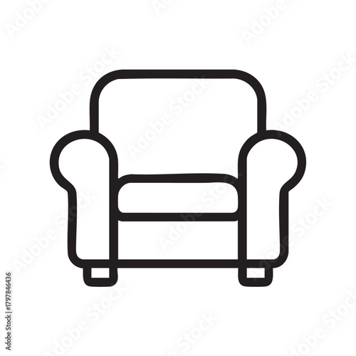 A simple black and white line drawing depicts a classic armchair with rolled arms and a cushioned seat