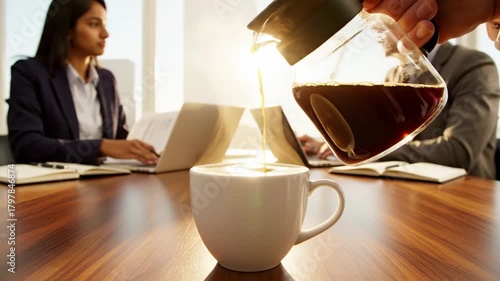 Business meeting with coffee break in modern office.