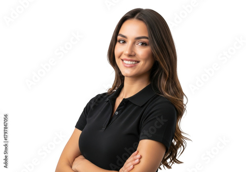 Smiling young woman with long wavy brown hair wearing a black polo shirt arms crossed isolated on transparent background