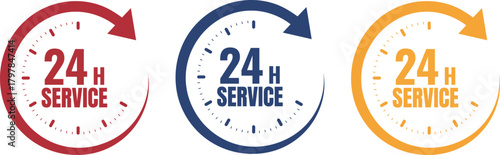 24 hours service icon set in red, blue, yellow
