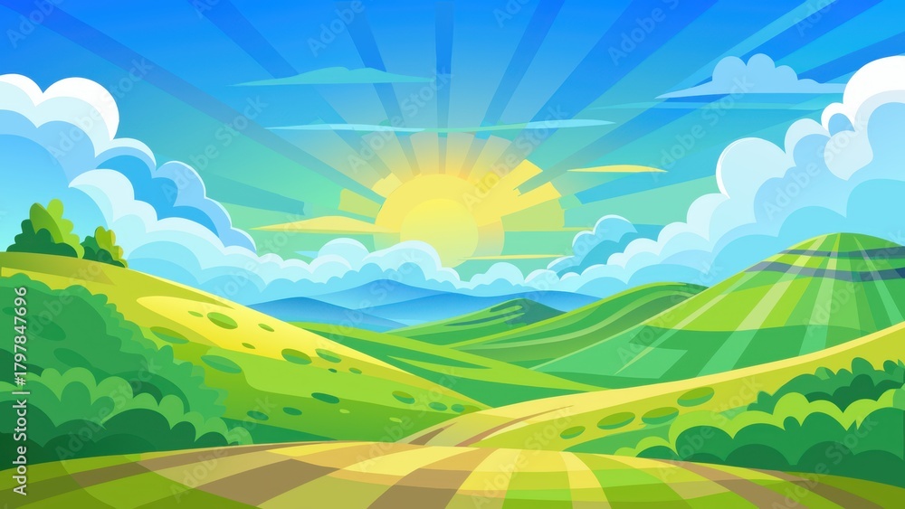 Obraz premium Vibrant rolling hills under a sunny sky bring a sense of peace and natural beauty, perfect for travel ads or promoting environmental awareness