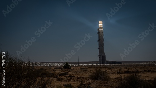 High resolution dramatic color image of a unique solar farm with a bright solar tower creating green energy- Southern Israel