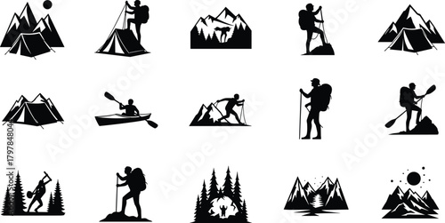 adventure, nature, silhouette, hiking, camping, mountain, forest, tent, kayak, paddle, trail, backpack, outdoor, exploration, vector