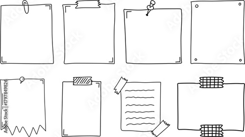 Paper notes and memo sheets illustrated with pins, tape, and clips as versatile vector elements for planners, reminders, scrapbooks, and creative design projects