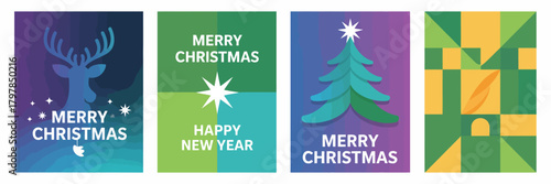 Colorful Christmas and New Year Holiday Cards Vector Design with Geometric Patterns and Holiday Greetings for Festive Season Celebrations