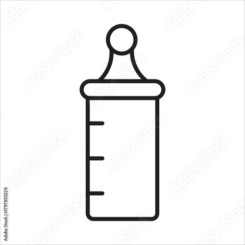 Baby milk bottle with a nipple on top and measurement markings on the side, representing the concepts of infant nutrition, infant care, and pregnancy, an essential tool for feeding newborns. 