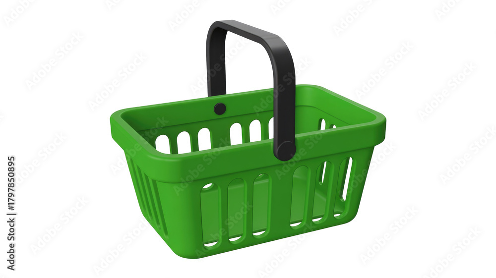 Fototapeta premium A vibrant green plastic shopping basket with a black handle, empty and ready for groceries, set against a solid transparent background. background removed
