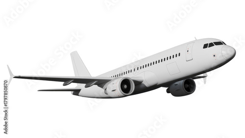 A pristine white passenger jet airplane is rendered in 3D against a solid transparent background, poised in a dynamic flight angle. background removed