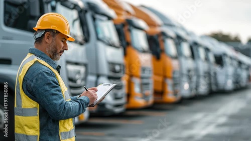 Logistics manager uses GPS application to monitor fleet vehicles at the depot during work hours checking their locations and statuses