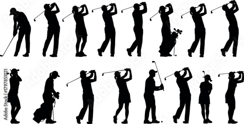 Silhouette of a golfer in various stages of the swing from tee off to follow through