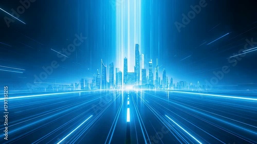 Glowing Cyber City at Night with Neon Light Beam and Digital Grid Horizon