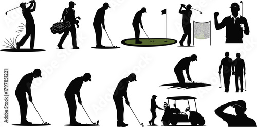 golf, silhouette, swing, putting, tee, club, golfer, cart, celebration, practice, rough, bag, pose, outdoor, vector